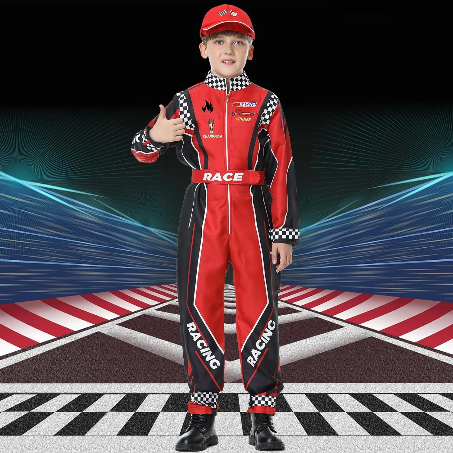 Race Car Driver Costume Boys Racer Jumpsuit With Car Cap Kids Dress Up for Halloween