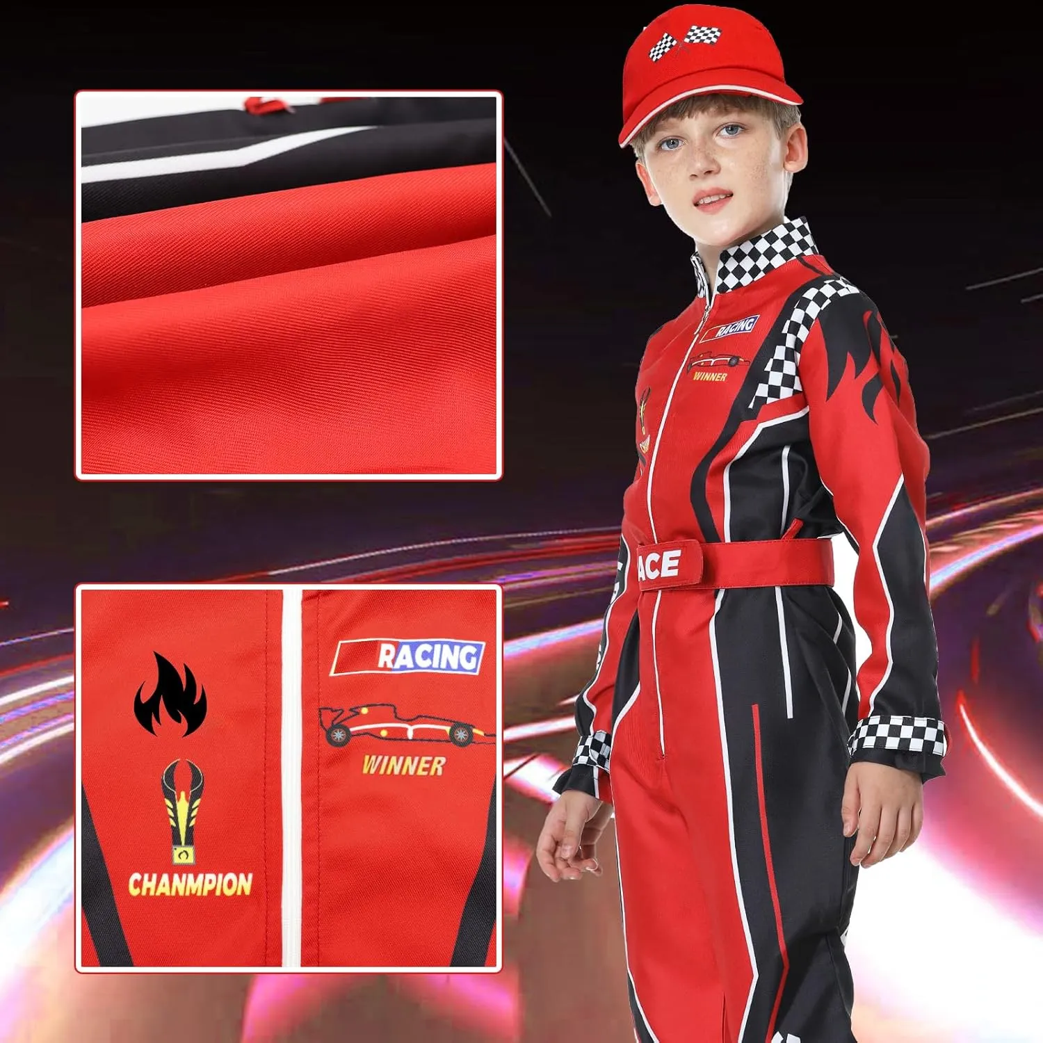 Race Car Driver Costume Boys Racer Jumpsuit With Car Cap Kids Dress Up for Halloween