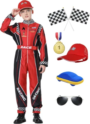 Race Car Driver Costume Boys Racer Jumpsuit With Car Cap Kids Dress Up for Halloween