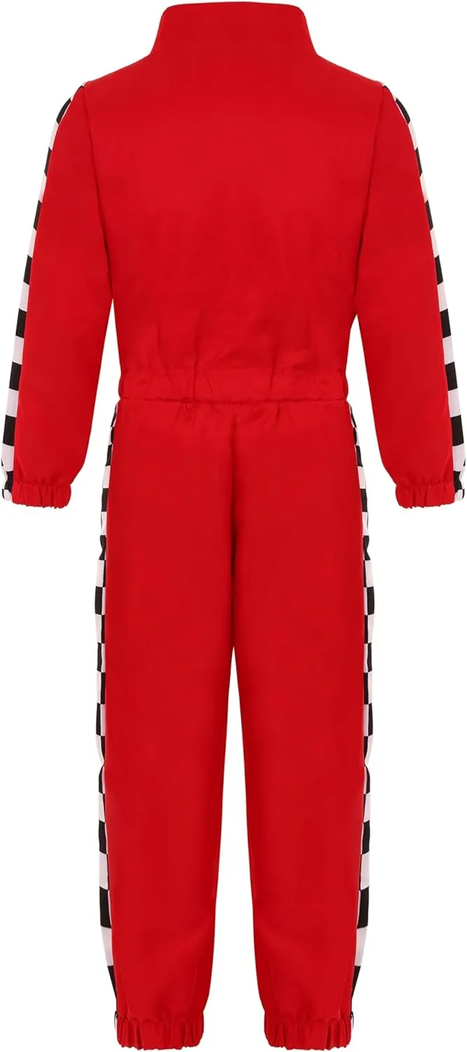 Race Car Driver Costume for Boys Racer Jumpsuit with Car Cap for Halloween Dress Up