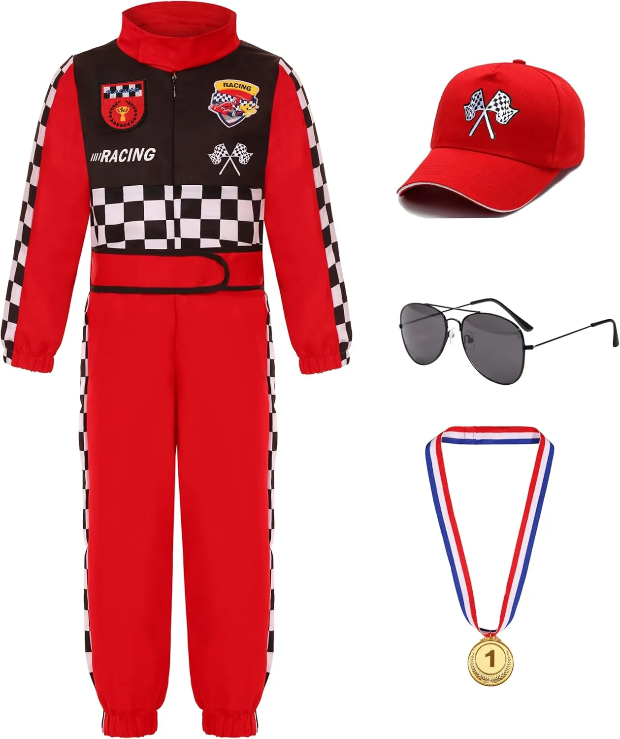 Race Car Driver Costume for Boys Racer Jumpsuit with Car Cap for Halloween Dress Up