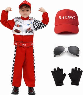 Race Car Driver Costume Boys Racing Suit with Car Cap Sunglasses Kids Racer Dress Up for Halloween