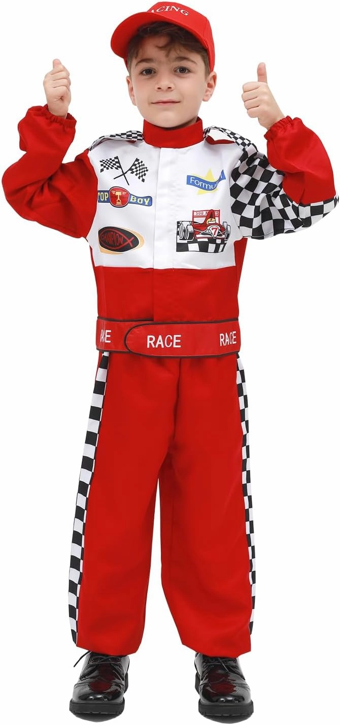 Race Car Driver Costume Boys Racing Suit with Car Cap Sunglasses Kids Racer Dress Up for Halloween