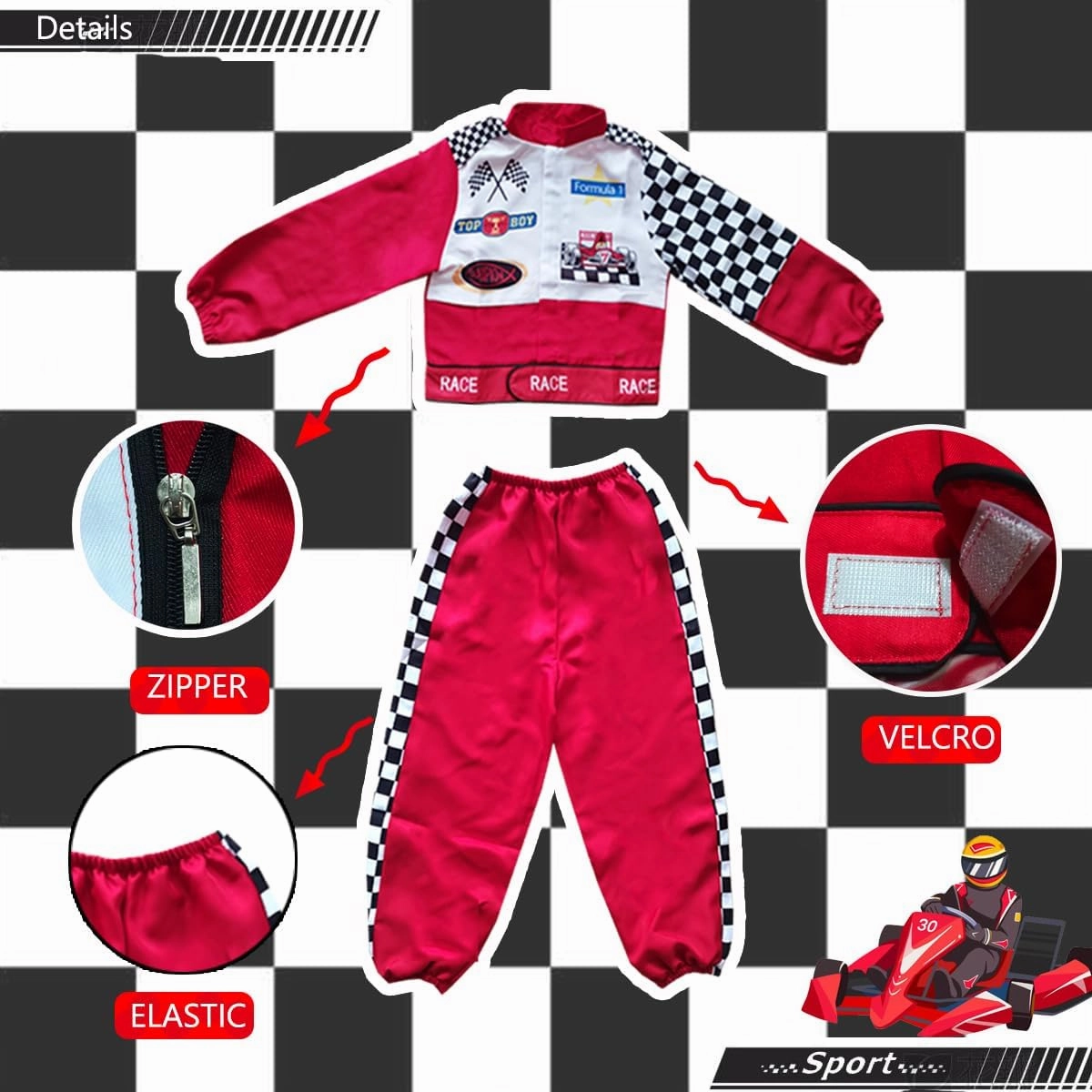 Race Car Driver Costume Boys Racing Suit with Car Cap Sunglasses Kids Racer Dress Up for Halloween