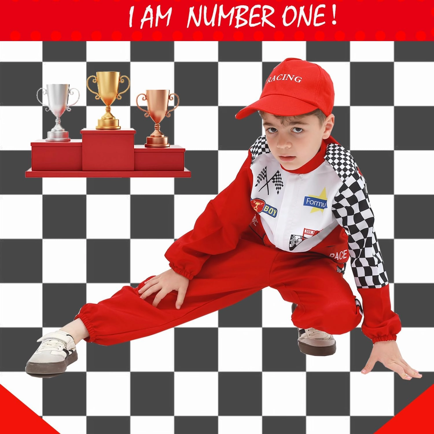 Race Car Driver Costume Boys Racing Suit with Car Cap Sunglasses Kids Racer Dress Up for Halloween