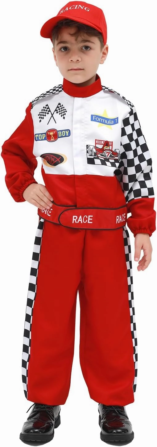 Race Car Driver Costume Boys Racing Suit with Car Cap Sunglasses Kids Racer Dress Up for Halloween