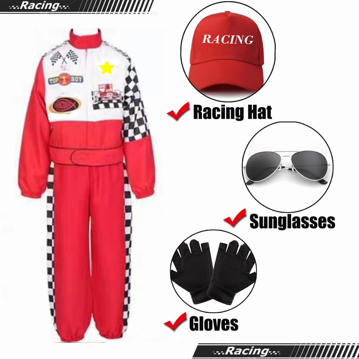 Race Car Driver Costume Boys Racing Suit with Car Cap Sunglasses Kids Racer Dress Up for Halloween
