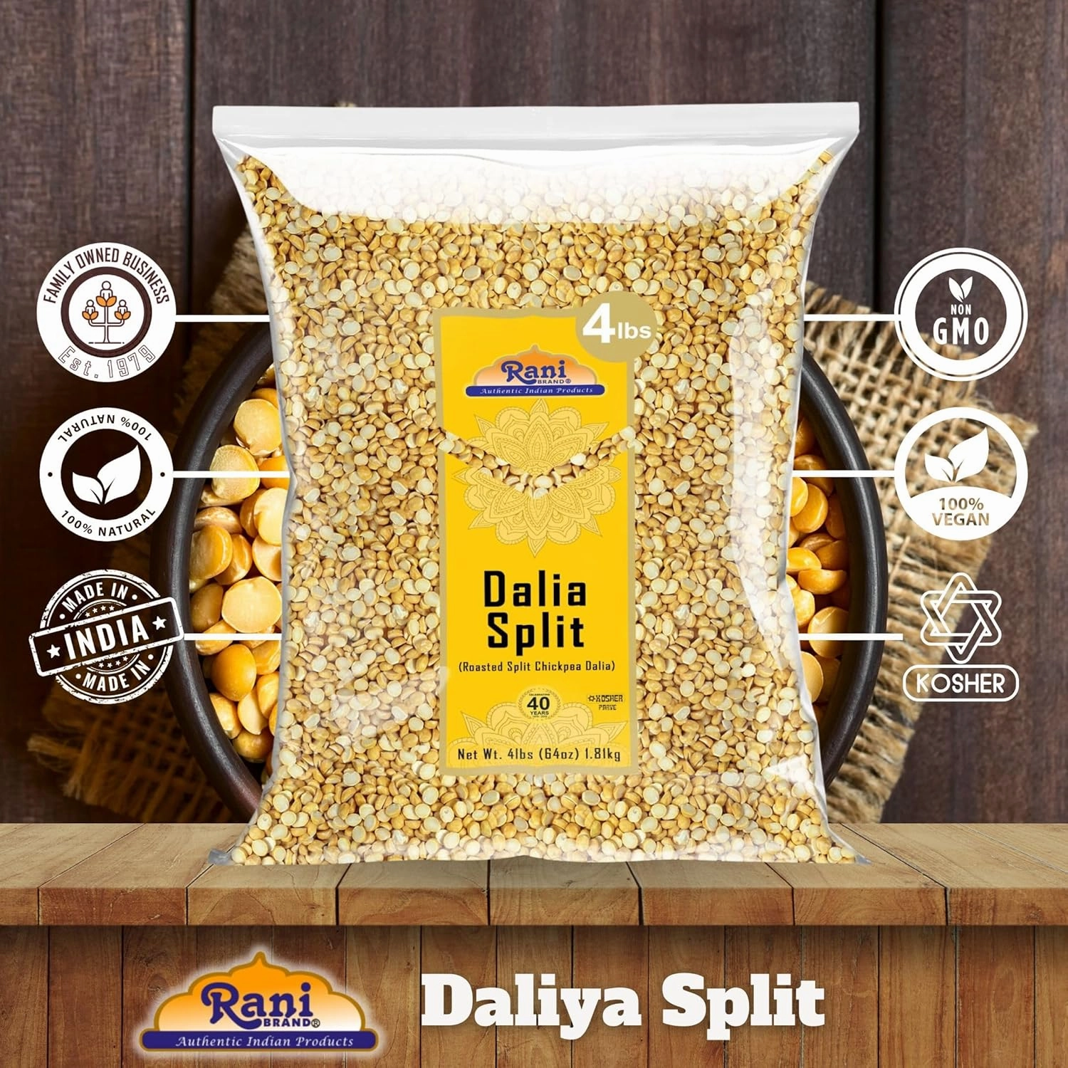 Rani Daliya Split (Roasted Split Chickpeas Dalia) 4lbs (64oz) ~ All Natural | Vegan | Indian Origin