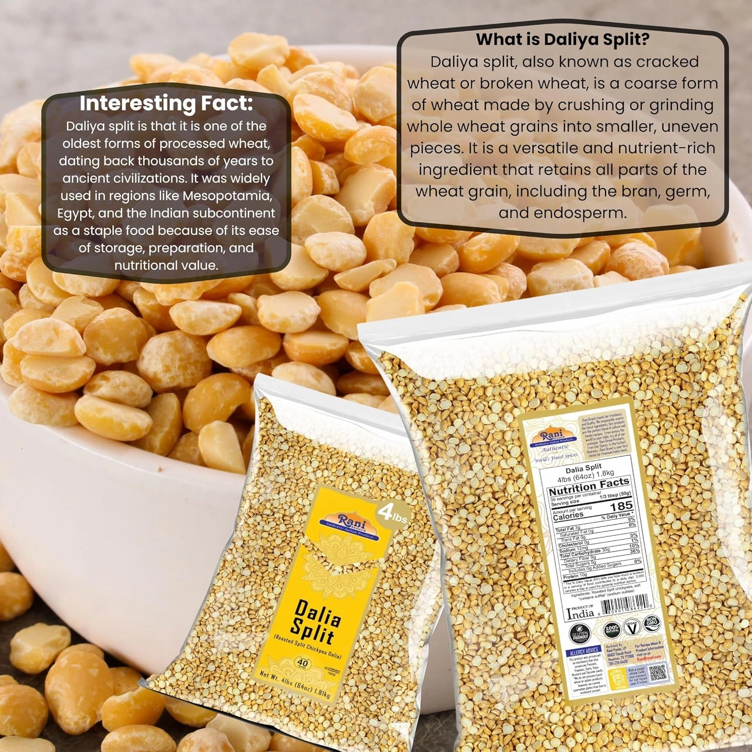 Rani Daliya Split (Roasted Split Chickpeas Dalia) 4lbs (64oz) ~ All Natural | Vegan | Indian Origin