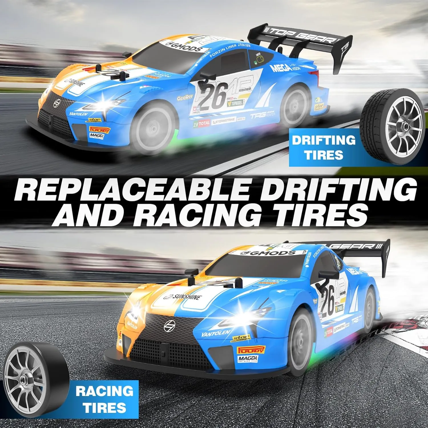 RC Drift Car 1:16, 2.4GHz 4WD Remote Control Car, 30 KM/H High Speed Drifting RC Cars with LED Lights Two Batteries and Drift Tires Racing Cars for Adults Boys Kids, Sky Blue