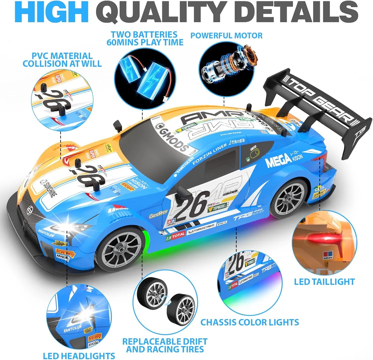 RC Drift Car 1:16, 2.4GHz 4WD Remote Control Car, 30 KM/H High Speed Drifting RC Cars with LED Lights Two Batteries and Drift Tires Racing Cars for Adults Boys Kids, Sky Blue