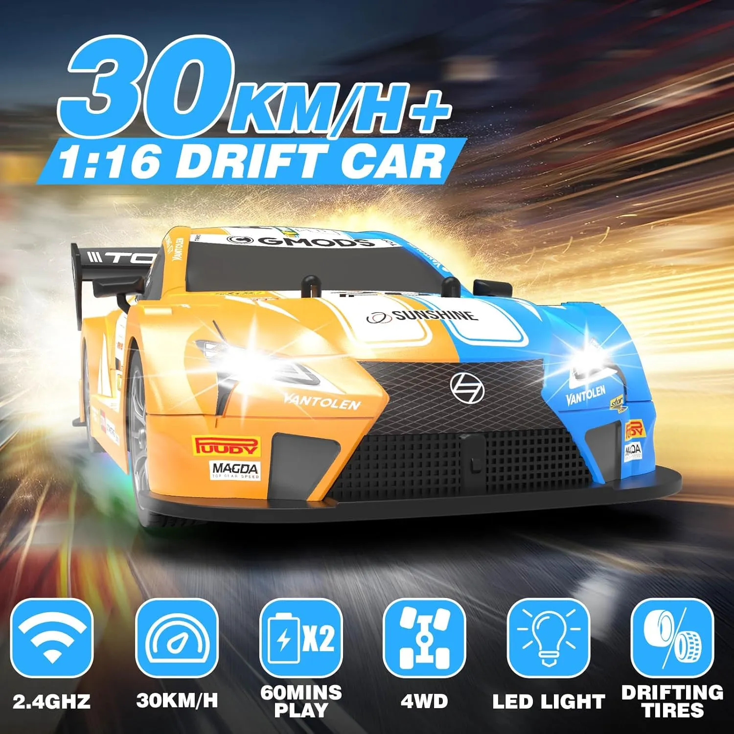 RC Drift Car 1:16, 2.4GHz 4WD Remote Control Car, 30 KM/H High Speed Drifting RC Cars with LED Lights Two Batteries and Drift Tires Racing Cars for Adults Boys Kids, Sky Blue