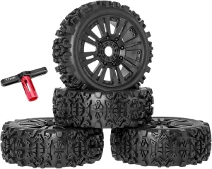 RC Station 1/8 Scale RC Buggy Tires 17mm Hex RC Wheels and Tires PreGlued 17mm Hex 1/8 RC Buggy Tires and Wheels with Foam Inserts, for Arrma Typhon 6S 3S Talion 6S, Team Losi 8IGHT, HPI 4PCS