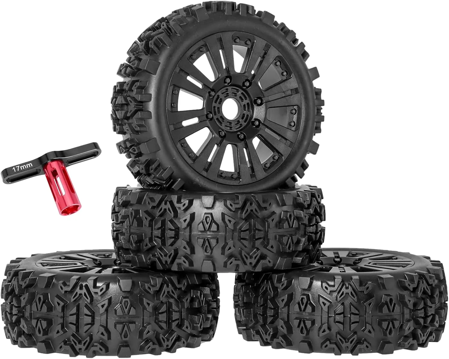 RC Station 1/8 Scale RC Buggy Tires 17mm Hex RC Wheels and Tires PreGlued 17mm Hex 1/8 RC Buggy Tires and Wheels with Foam Inserts, for Arrma Typhon 6S 3S Talion 6S, Team Losi 8IGHT, HPI 4PCS
