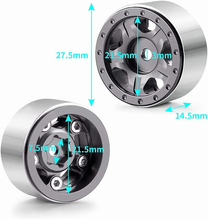 RC Beadlock Wheels and Tires 4Pcs 1.0" Micro Crawler Tires for Axial SCX24 90081 Deadbolt 1/24 RC Crawler Car (Titanium, 50mm)