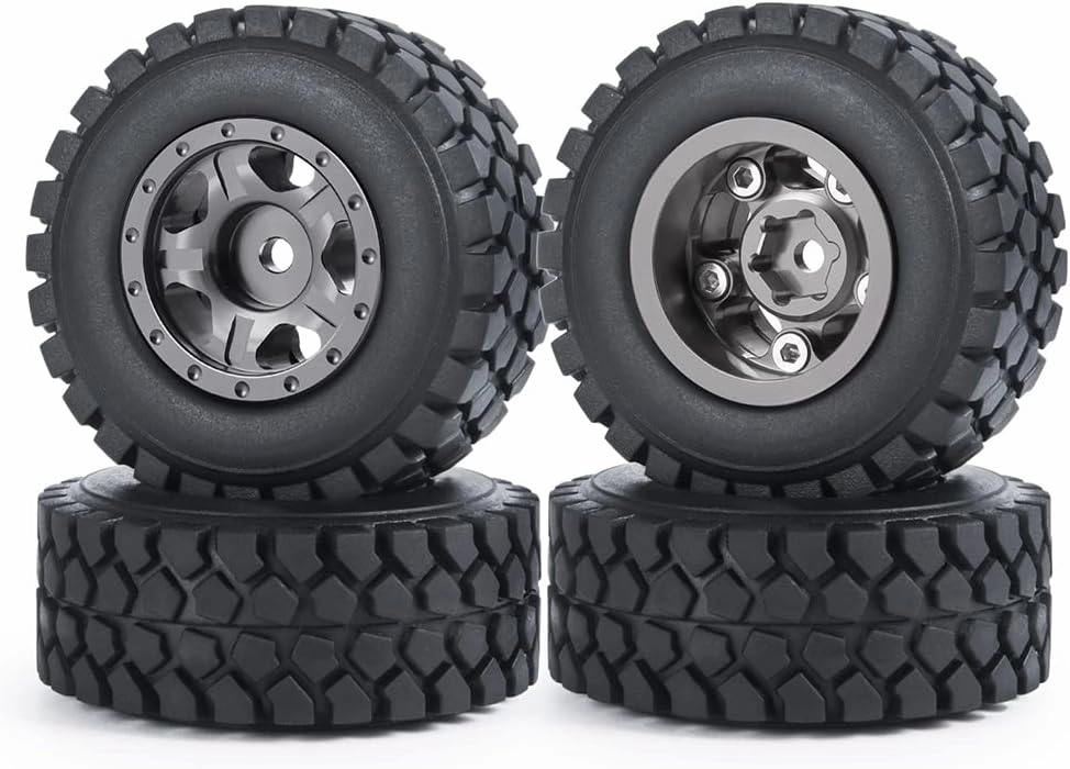 RC Beadlock Wheels and Tires 4Pcs 1.0" Micro Crawler Tires for Axial SCX24 90081 Deadbolt 1/24 RC Crawler Car (Titanium, 50mm)