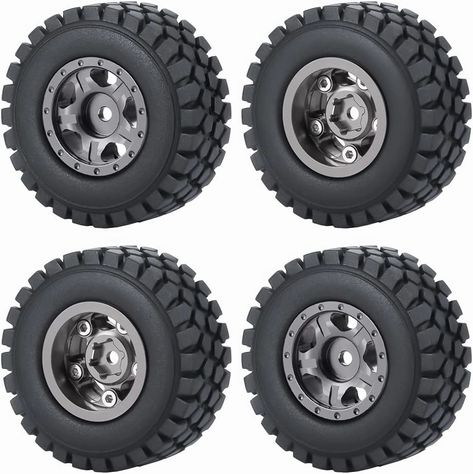 RC Beadlock Wheels and Tires 4Pcs 1.0" Micro Crawler Tires for Axial SCX24 90081 Deadbolt 1/24 RC Crawler Car (Titanium, 50mm)