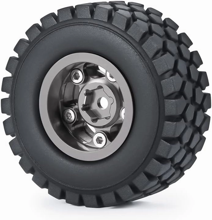 RC Beadlock Wheels and Tires 4Pcs 1.0" Micro Crawler Tires for Axial SCX24 90081 Deadbolt 1/24 RC Crawler Car (Titanium, 50mm)