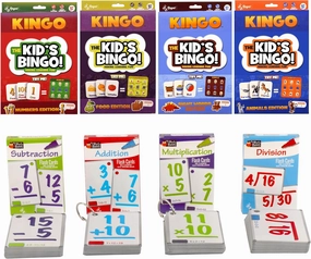 Regal Games 4-in-1 Kid's Bingo & Math Flash Cards Set Fun Learning Games for Kids with 4 Pack Kingo & Multiplication, Division, Addition, Subtraction Flash Cards – Perfect for Classroom & Home 8 Pack