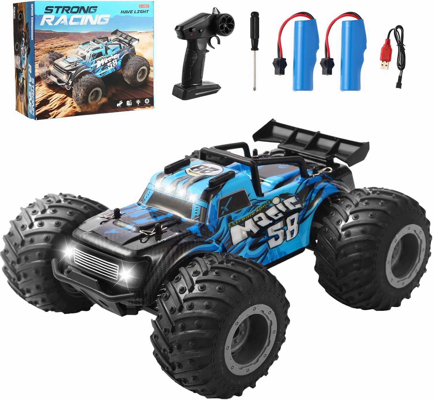 Remote Control Car, All Terrain 1:18 Remote Control Truck for Boys, 2.4GHz RC Car with Cool Led Light and Two Rechargeable Batteries, 20KM/H Monster Truck Toys Gifts for Kids