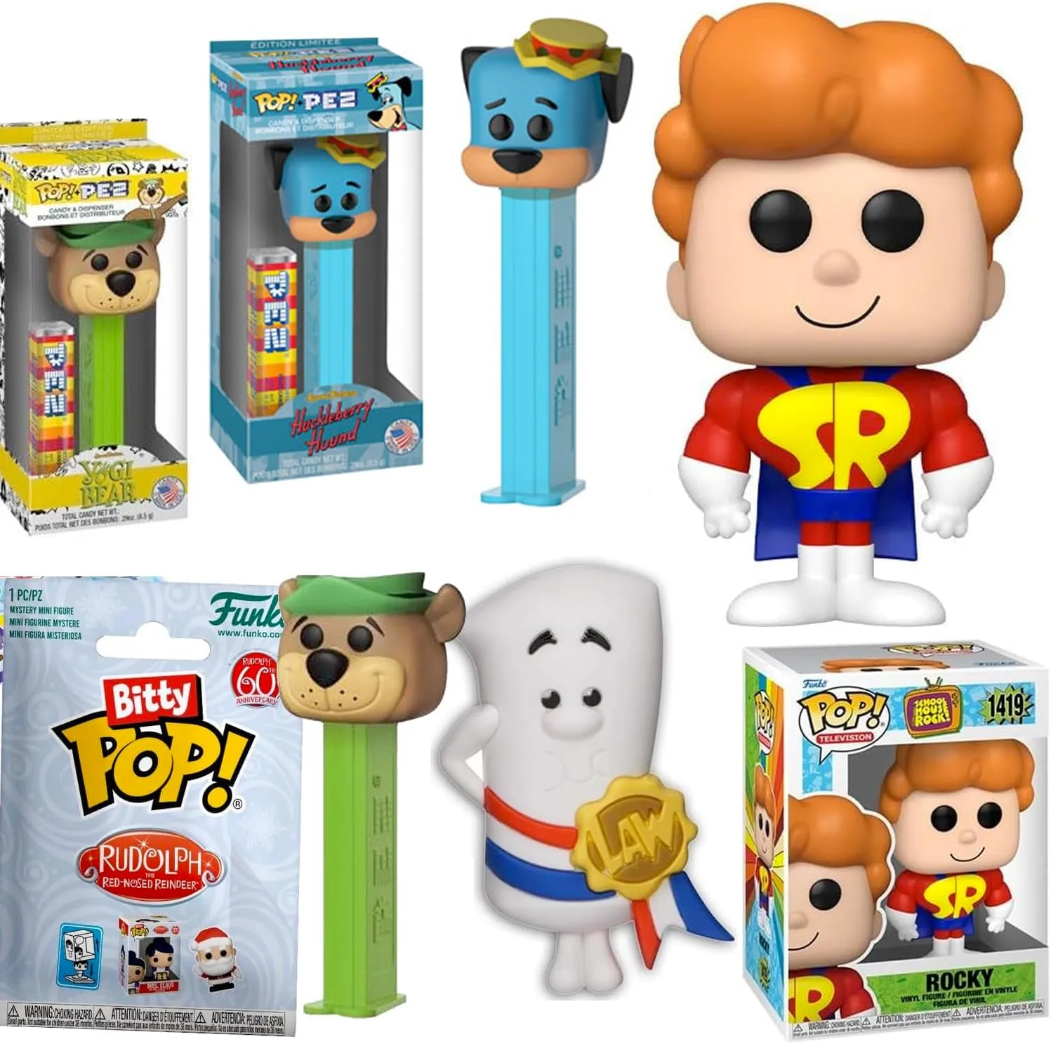 Retro Cartoon Throw Back Minis School House Rocky Bundled with   Sat Morning Yogi & Huckleberry Hound   Just a Bill 3D   Bitty Pop! Rudolph Misfit 70's TV 5 Items