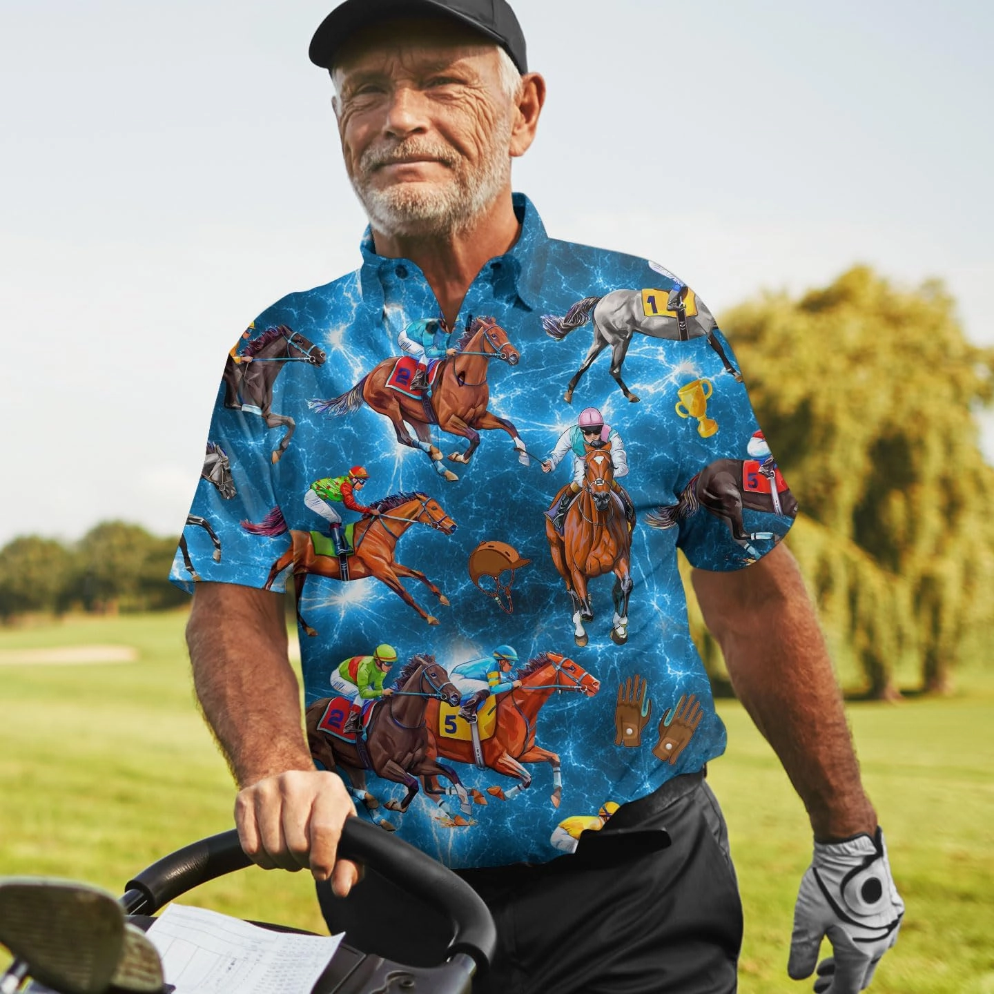 Retro Horse Racing Polo Shirts for Men Horse Racing Golf Polos Mens Polo Shirts Short Sleeve Button Up Shirt Men