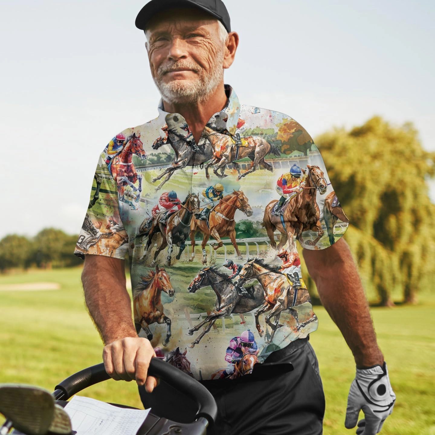 Retro Horse Racing Polo Shirts for Men Horse Racing Golf Polos Mens Polo Shirts Short Sleeve Button Up Shirt Men