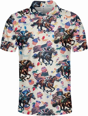 Retro Horse Racing Polo Shirts for Men Horse Racing Golf Polos Mens Polo Shirts Short Sleeve Button Up Shirt Men
