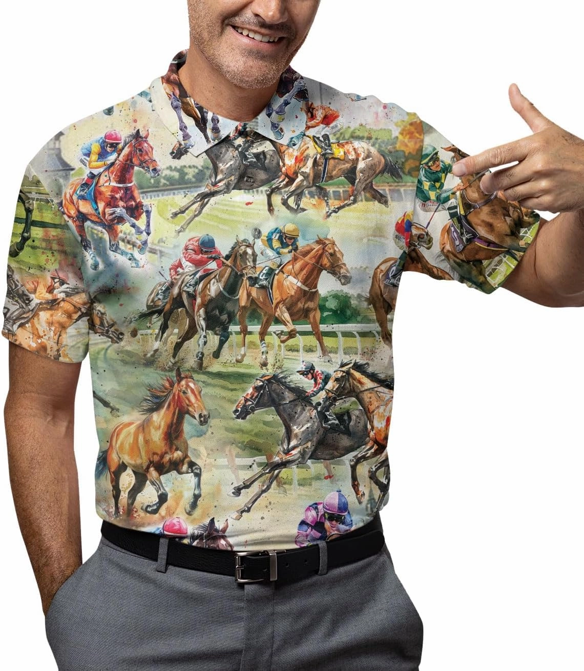 Retro Horse Racing Polo Shirts for Men Horse Racing Golf Polos Mens Polo Shirts Short Sleeve Button Up Shirt Men