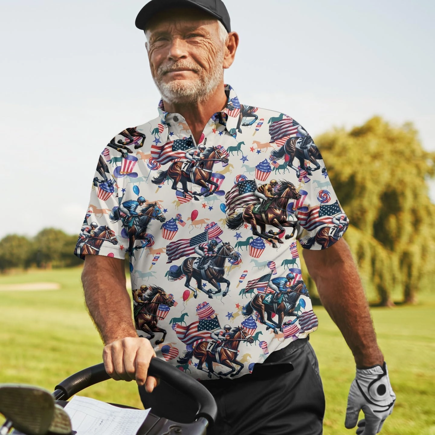 Retro Horse Racing Polo Shirts for Men Horse Racing Golf Polos Mens Polo Shirts Short Sleeve Button Up Shirt Men
