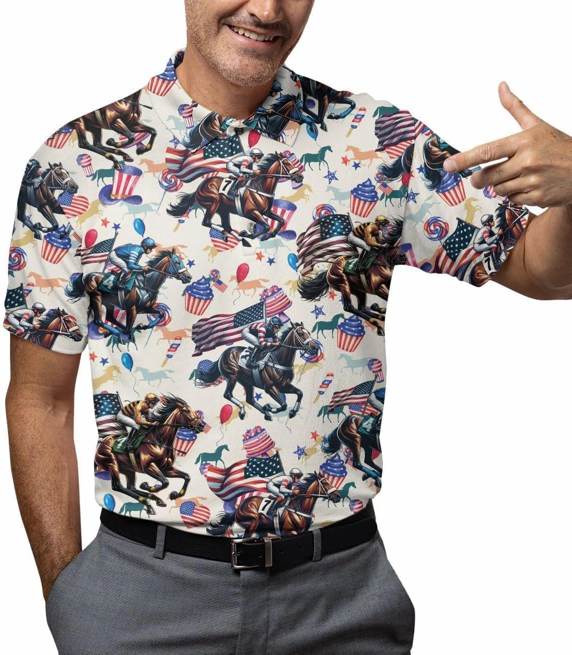 Retro Horse Racing Polo Shirts for Men Horse Racing Golf Polos Mens Polo Shirts Short Sleeve Button Up Shirt Men