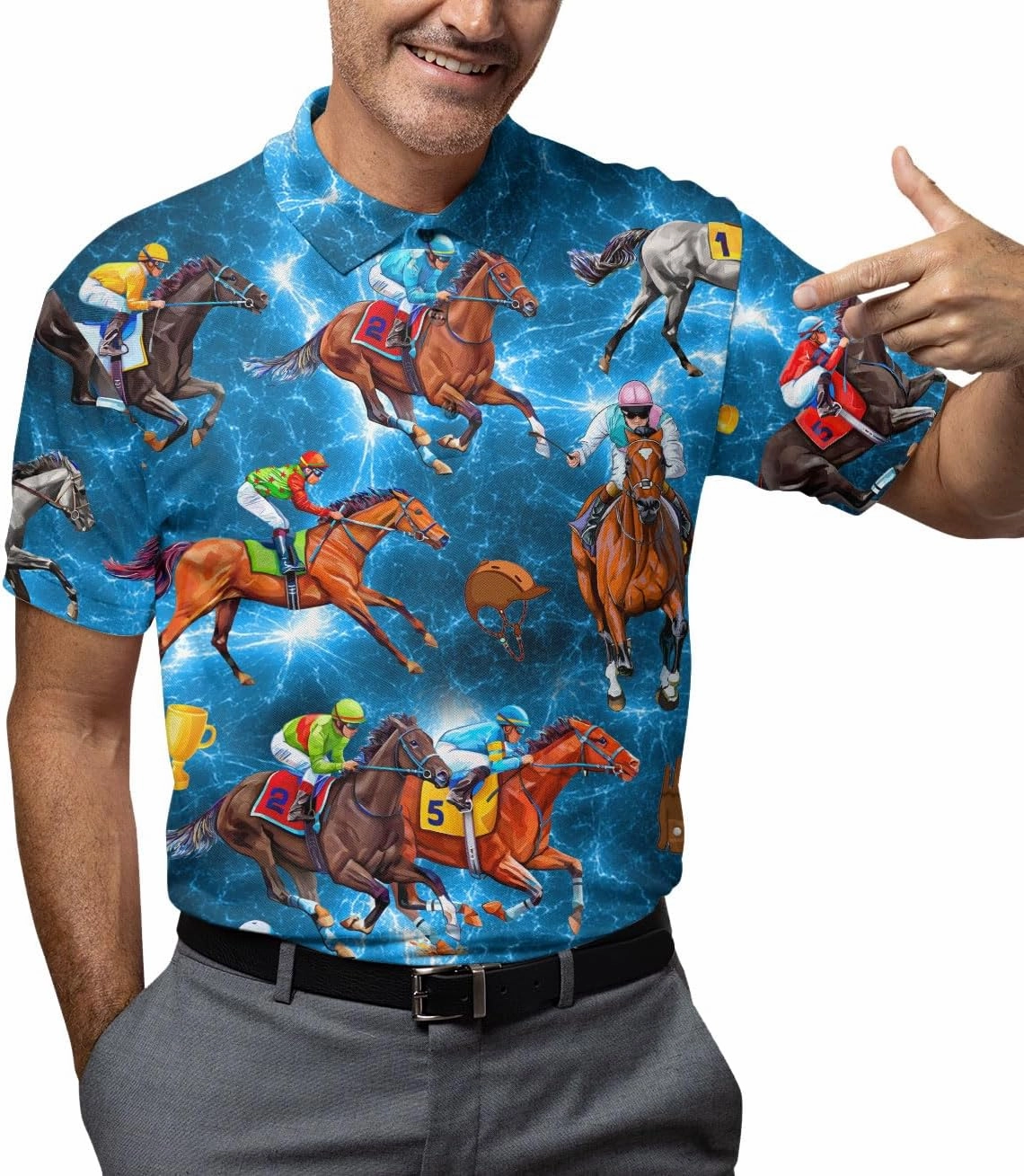 Retro Horse Racing Polo Shirts for Men Horse Racing Golf Polos Mens Polo Shirts Short Sleeve Button Up Shirt Men