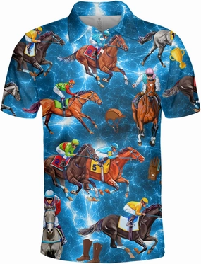Retro Horse Racing Polo Shirts for Men Horse Racing Golf Polos Mens Polo Shirts Short Sleeve Button Up Shirt Men