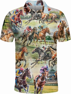 Retro Horse Racing Polo Shirts for Men Horse Racing Golf Polos Mens Polo Shirts Short Sleeve Button Up Shirt Men
