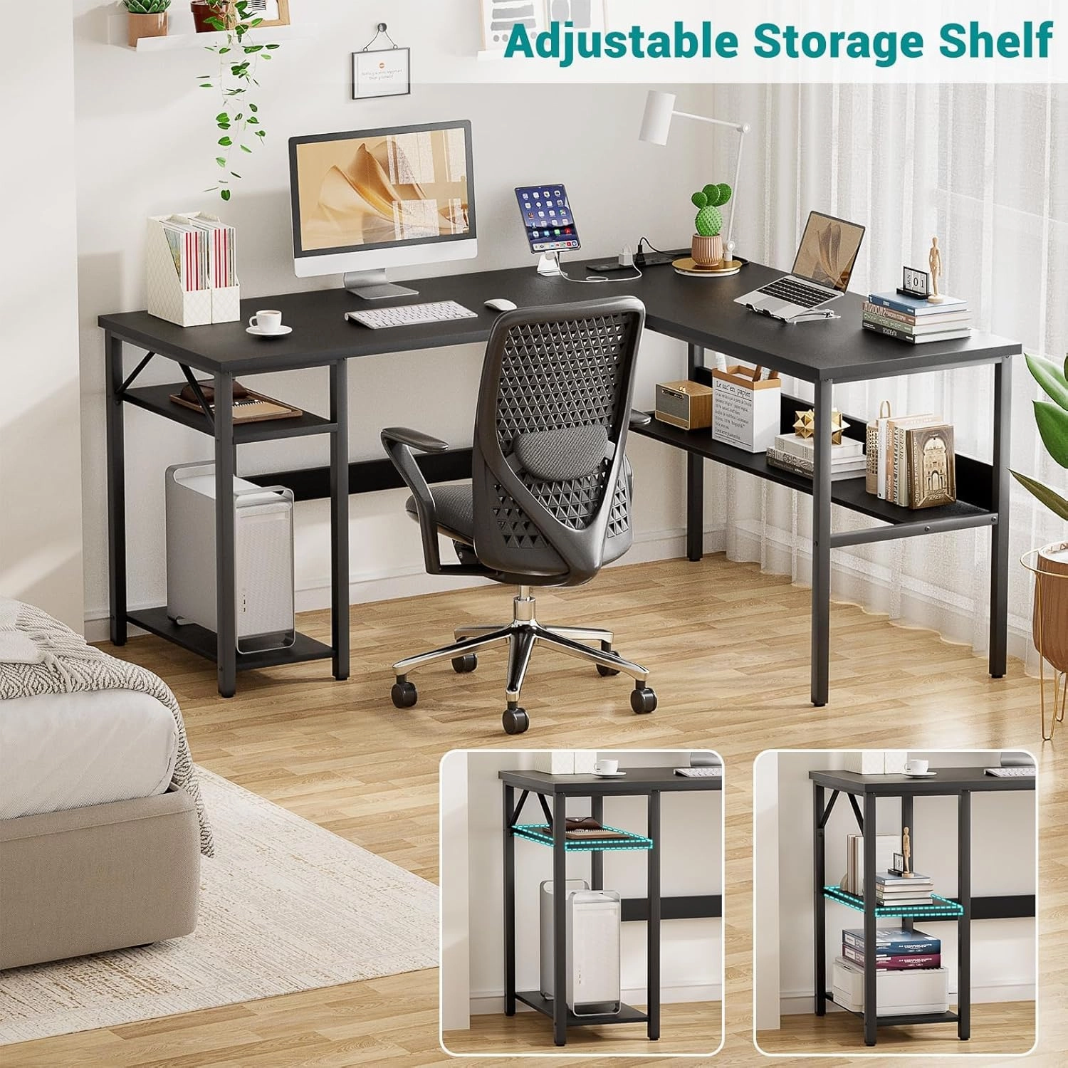 Reversible L Shaped Computer Desk with Power Outlets and USB Charging Ports, Sturdy Corner Desk with Storage Shelf, Modern Work Gaming Table for Home Office, Easy to Assemble, Black