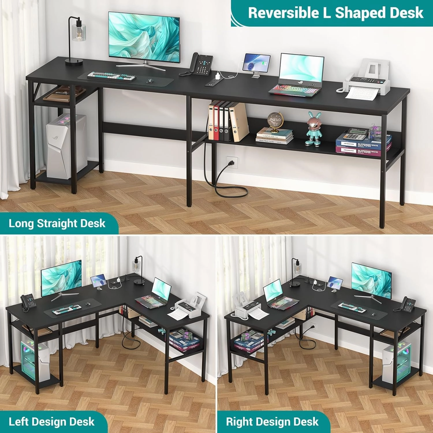 Reversible L Shaped Computer Desk with Power Outlets and USB Charging Ports, Sturdy Corner Desk with Storage Shelf, Modern Work Gaming Table for Home Office, Easy to Assemble, Black