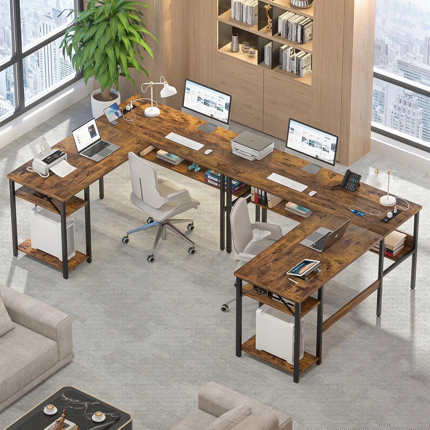 Reversible L Shaped Computer Desk with Power Outlets and USB Charging Ports, Sturdy Corner Desks with Storage Shelf, Modern Work Gaming Table for Home Office, Easy to Assemble, Rustic Brown