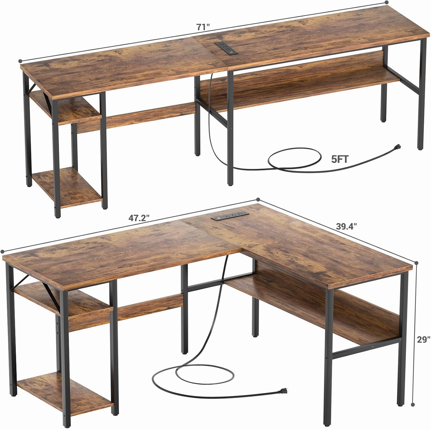 Reversible L Shaped Computer Desk with Power Outlets and USB Charging Ports, Sturdy Corner Desks with Storage Shelf, Modern Work Gaming Table for Home Office, Easy to Assemble, Rustic Brown