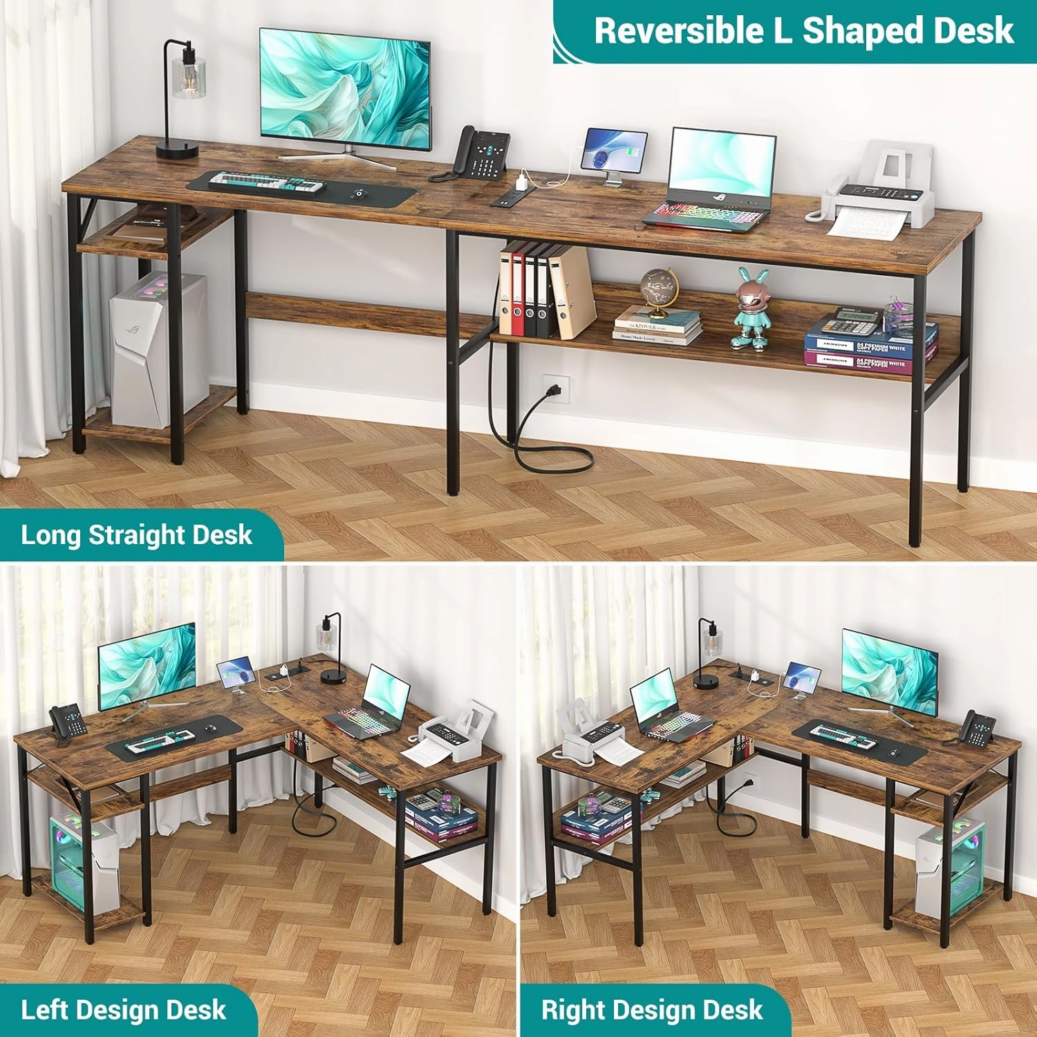 Reversible L Shaped Computer Desk with Power Outlets and USB Charging Ports, Sturdy Corner Desks with Storage Shelf, Modern Work Gaming Table for Home Office, Easy to Assemble, Rustic Brown