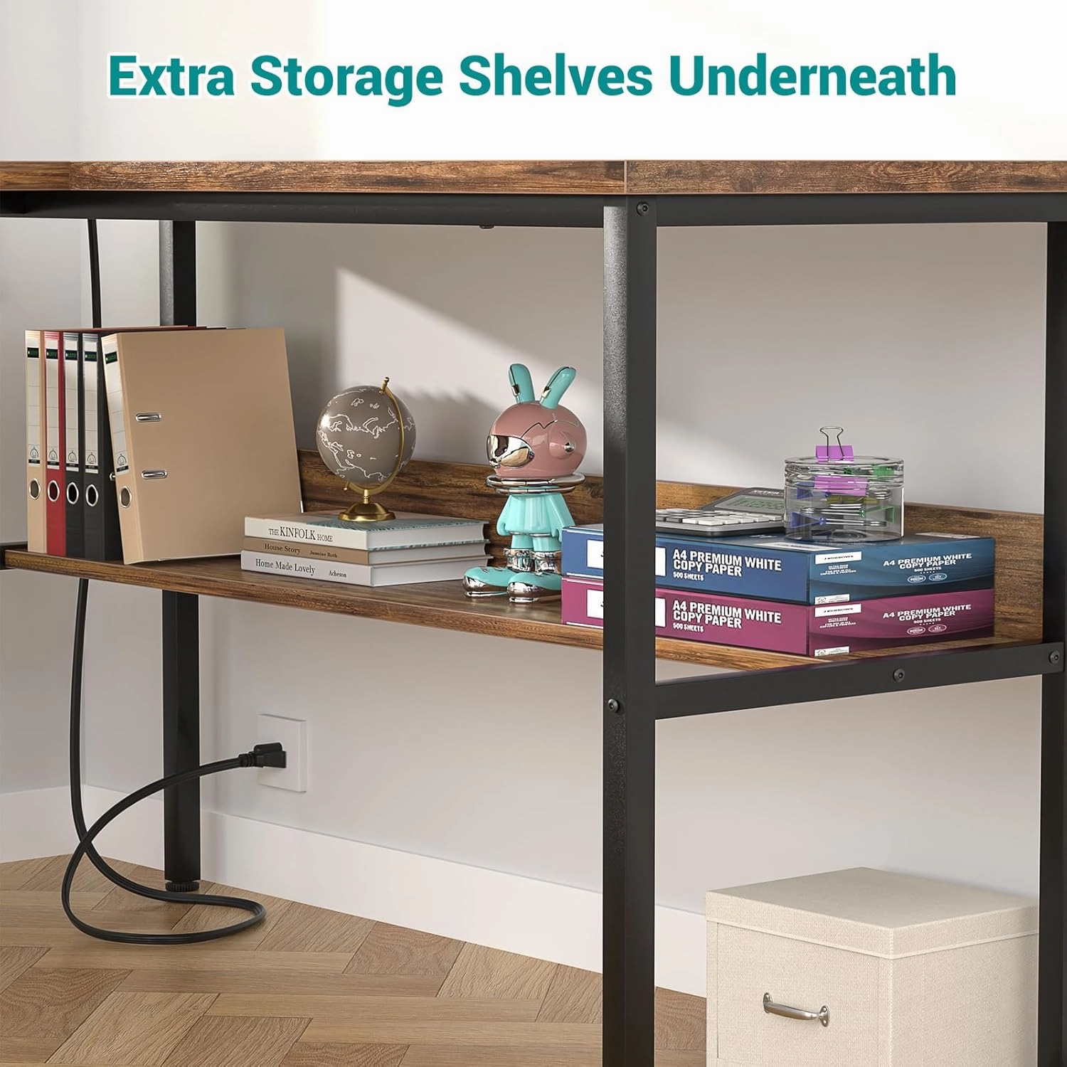 Reversible L Shaped Computer Desk with Power Outlets and USB Charging Ports, Sturdy Corner Desks with Storage Shelf, Modern Work Gaming Table for Home Office, Easy to Assemble, Rustic Brown