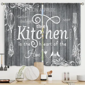 Riyidecor Farmhouse Grey White Kitchen Curtains Short Small Retro Rustic Country Fork and Spoon Wood Board Vintage Rod Pocket Funny Quotes Bedroom Living Room Treatment Fabric 2 Panels 27.5Wx39H Inch