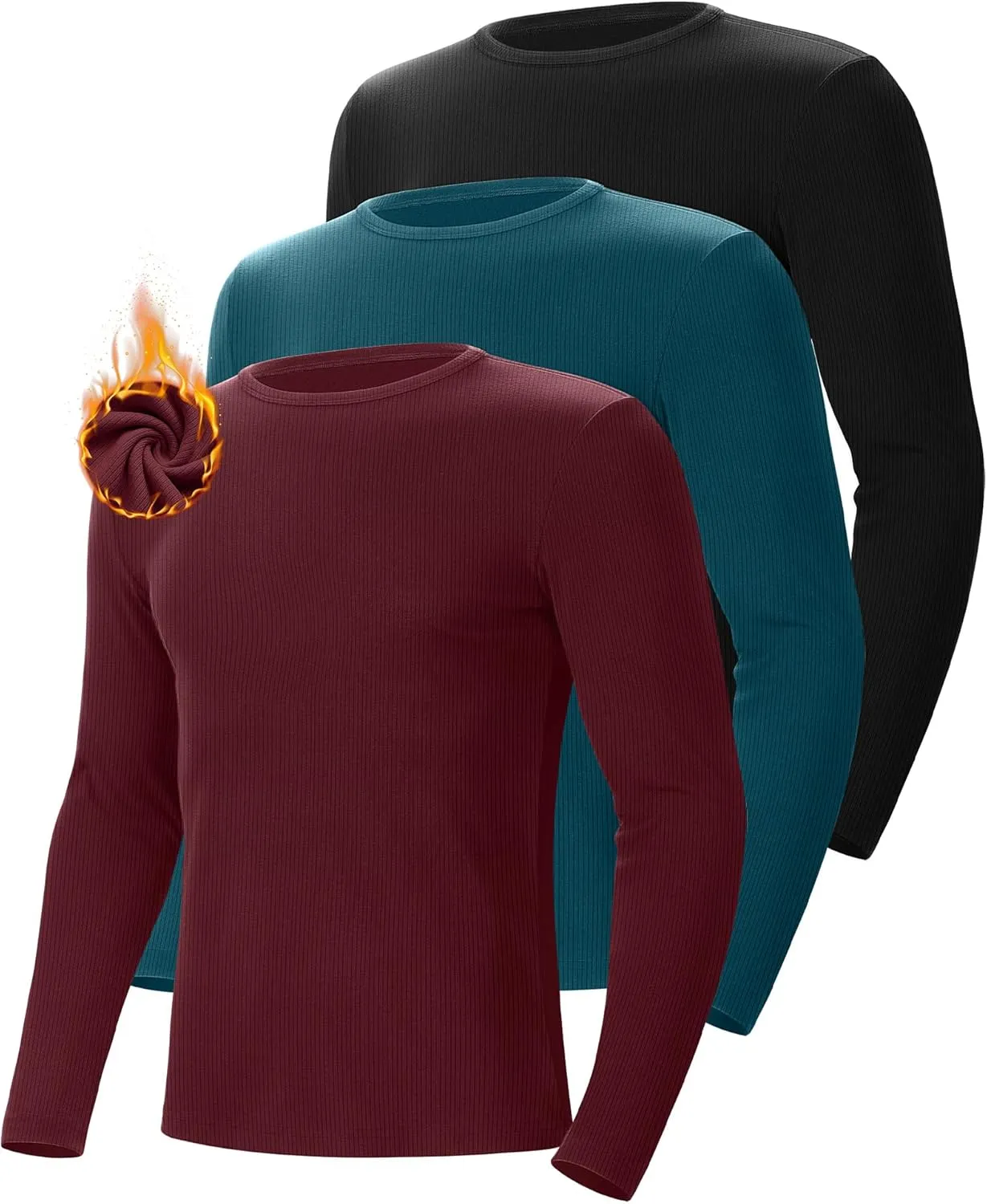 Riyiper 3 Pack Men's Ribbed Thermal Shirts Crew Neck Long Sleeve Tops Winter Stretchy Slim Basic Undershirt