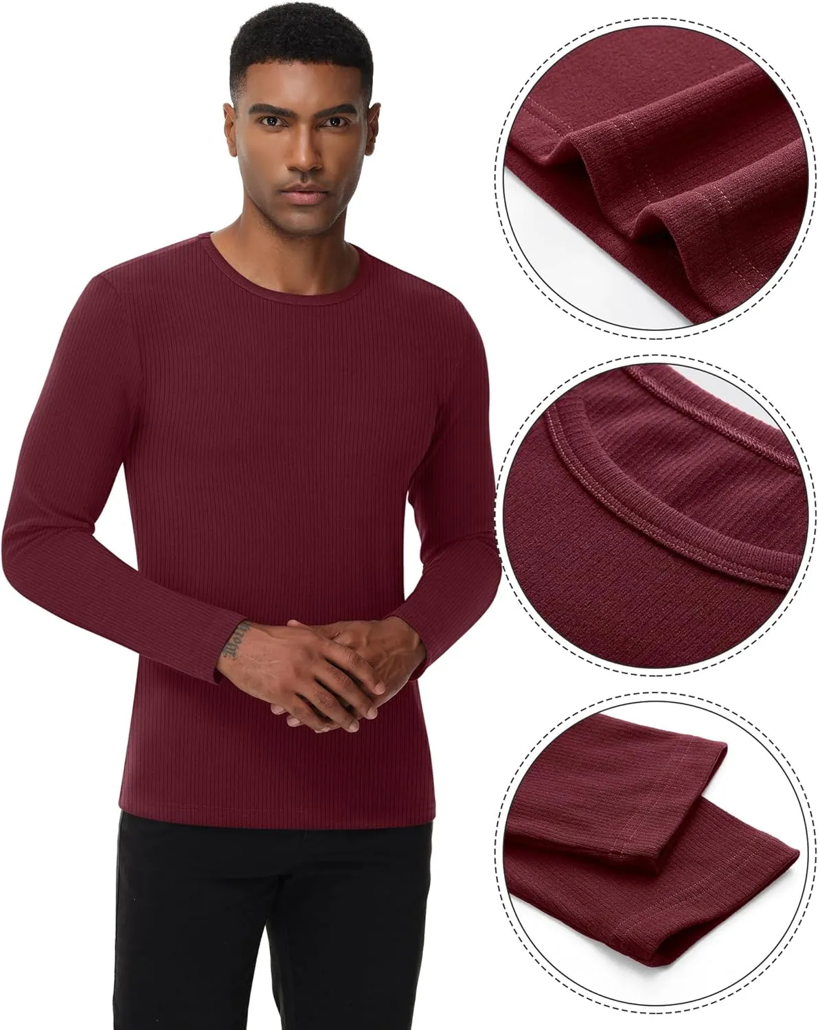 Riyiper 3 Pack Men's Ribbed Thermal Shirts Crew Neck Long Sleeve Tops Winter Stretchy Slim Basic Undershirt