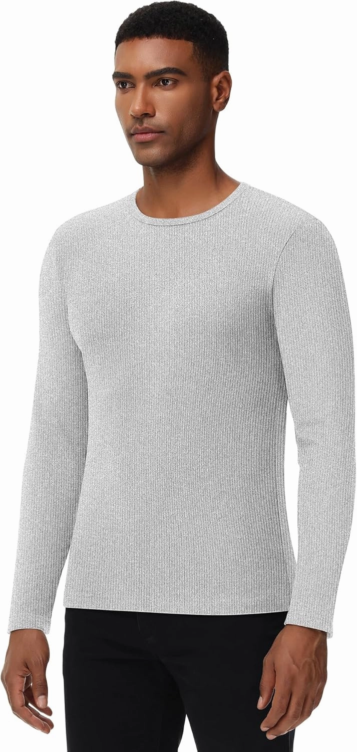 Riyiper 3 Pack Men's Ribbed Thermal Shirts Crew Neck Long Sleeve Tops Winter Stretchy Slim Basic Undershirt