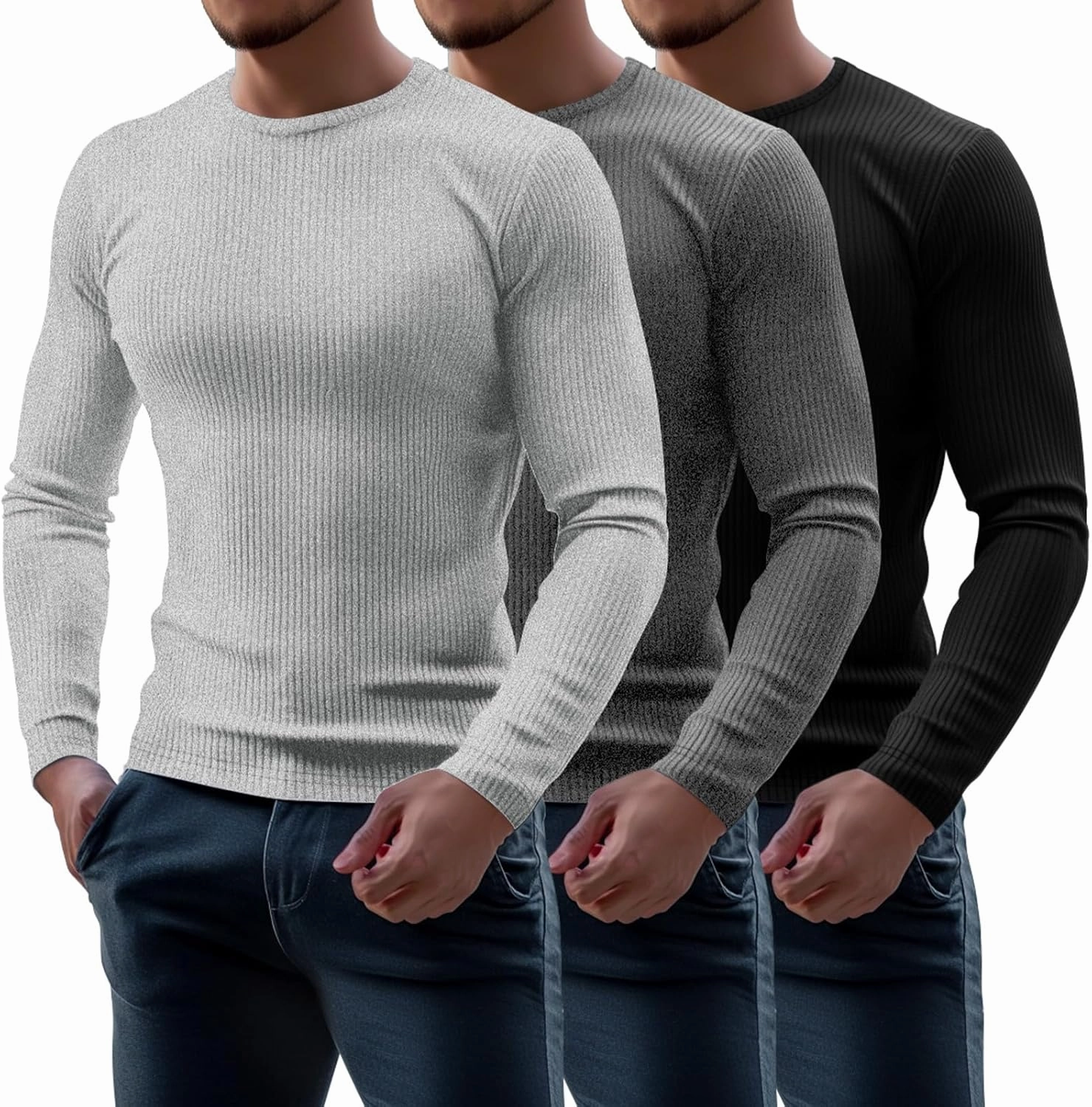 Riyiper 3 Pack Men's Ribbed Thermal Shirts Crew Neck Long Sleeve Tops Winter Stretchy Slim Basic Undershirt