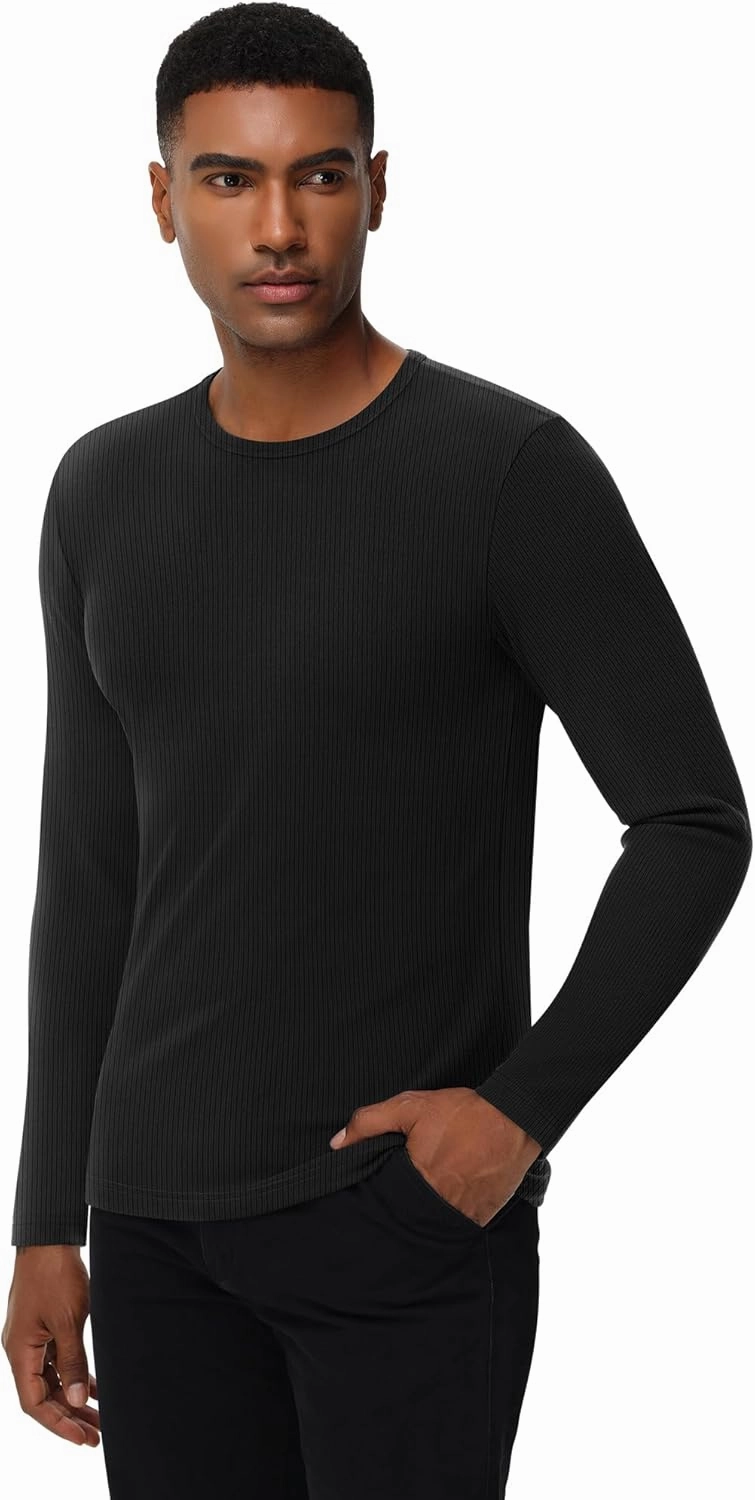 Riyiper 3 Pack Men's Ribbed Thermal Shirts Crew Neck Long Sleeve Tops Winter Stretchy Slim Basic Undershirt