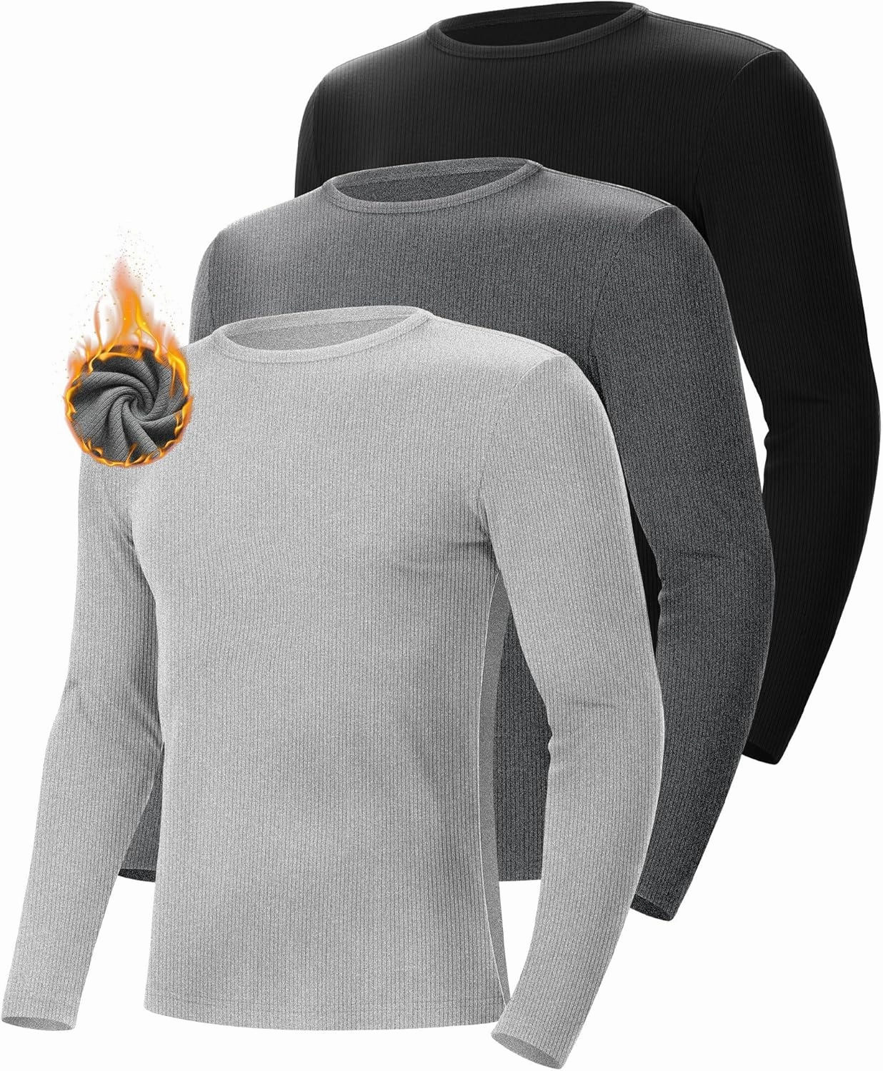 Riyiper 3 Pack Men's Ribbed Thermal Shirts Crew Neck Long Sleeve Tops Winter Stretchy Slim Basic Undershirt
