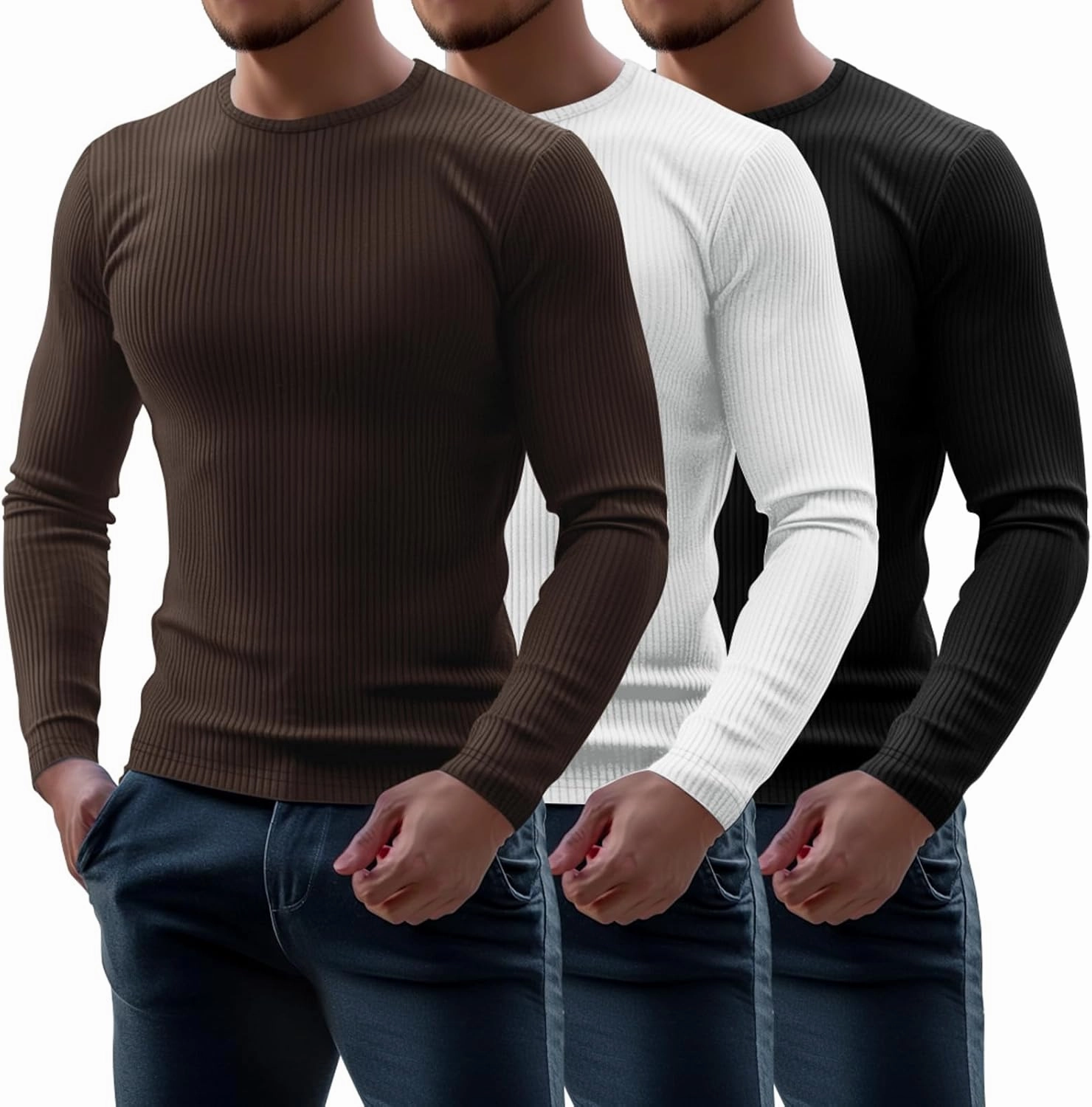 Riyiper 3 Pack Men's Ribbed Thermal Shirts Crew Neck Long Sleeve Tops Winter Stretchy Slim Basic Undershirt