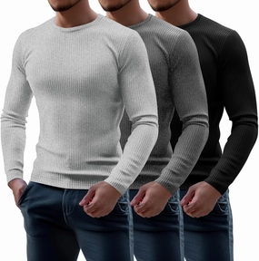Riyiper 3 Pack Men's Ribbed Thermal Shirts Crew Neck Long Sleeve Tops Winter Stretchy Slim Basic Undershirt