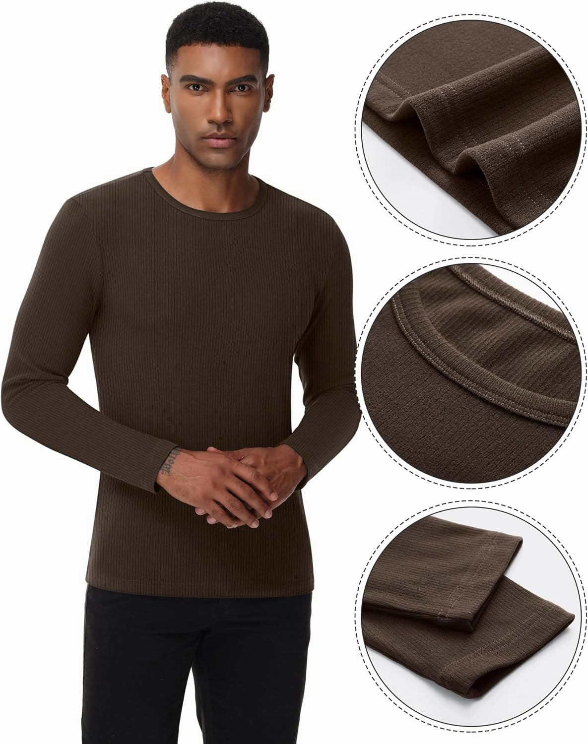 Riyiper 3 Pack Men's Ribbed Thermal Shirts Crew Neck Long Sleeve Tops Winter Stretchy Slim Basic Undershirt